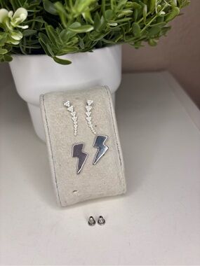 Silver Lightning Bolt Studs & Crystal Ear Climbers Set | 4-Piece Edgy EarringLot